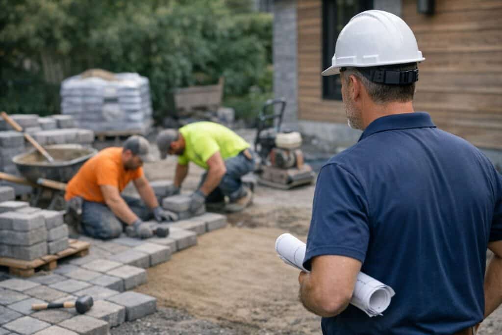 Vakman die terras repareren uitvoert aan een woning