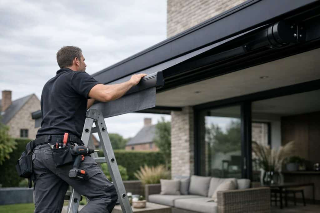 Ervaren vakman gespecialiseerd in terrasoverkappingen aan het werk