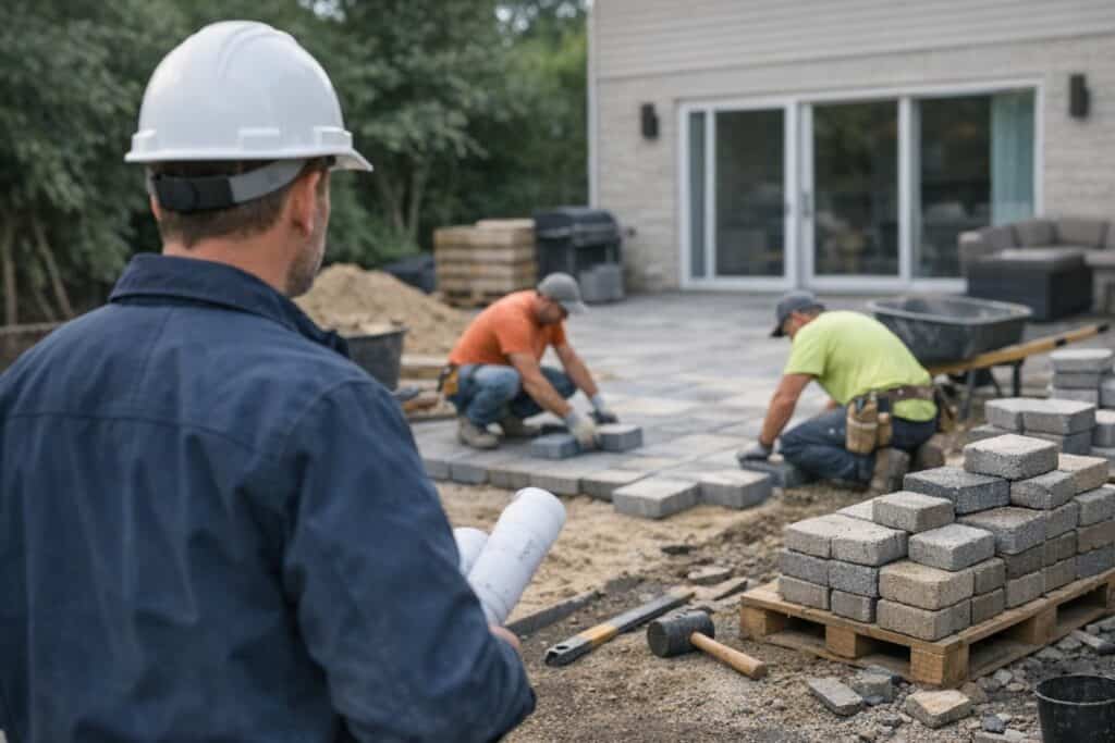 Ervaren vakman gespecialiseerd in terrassen aan het werk