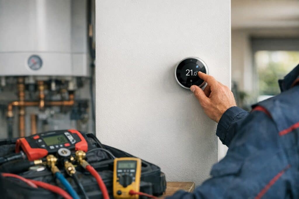 Vakman die thermostaat repareren uitvoert aan een woning