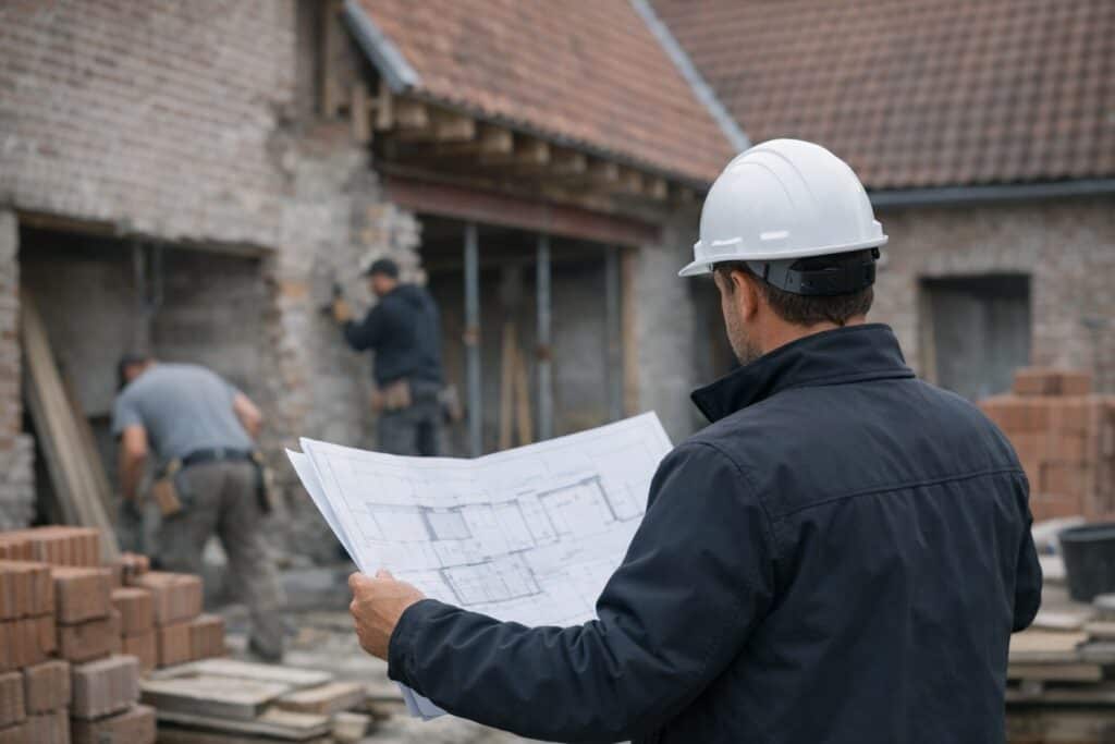Ervaren vakman gespecialiseerd in tuinhuis bouwen aan het werk