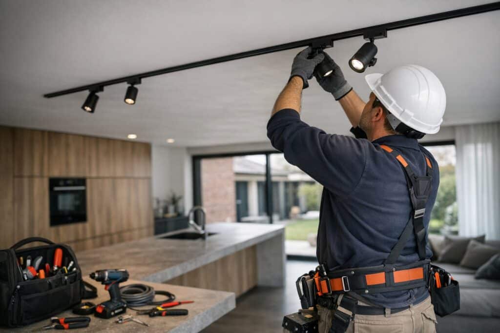 Ervaren vakman gespecialiseerd in verlichting aan het werk