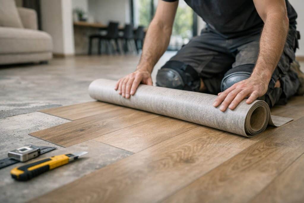 Vakman die vinyl vloer reparatie uitvoert aan een woning