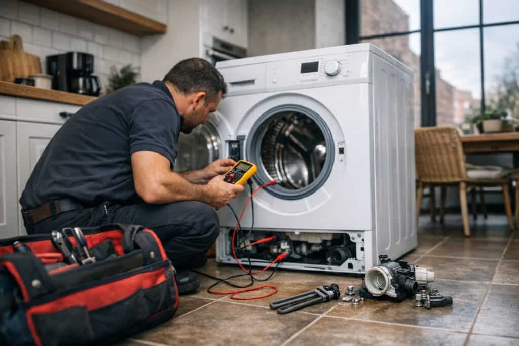 Vakman die wasmachine reparatie uitvoert aan een woning