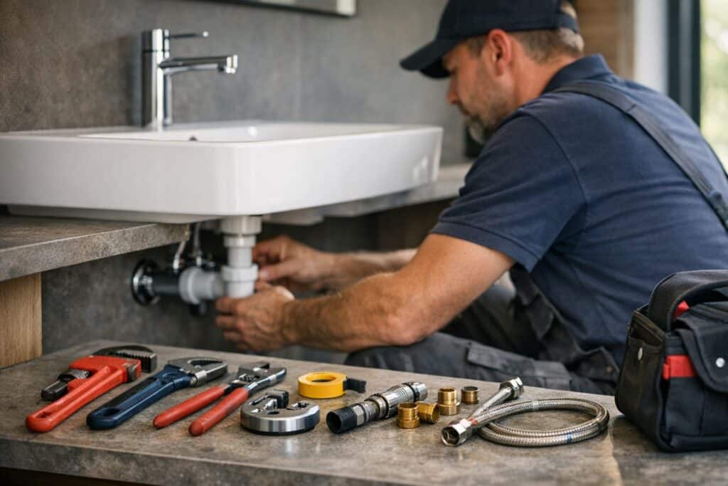 Vakman die wastafel reparatie uitvoert aan een woning