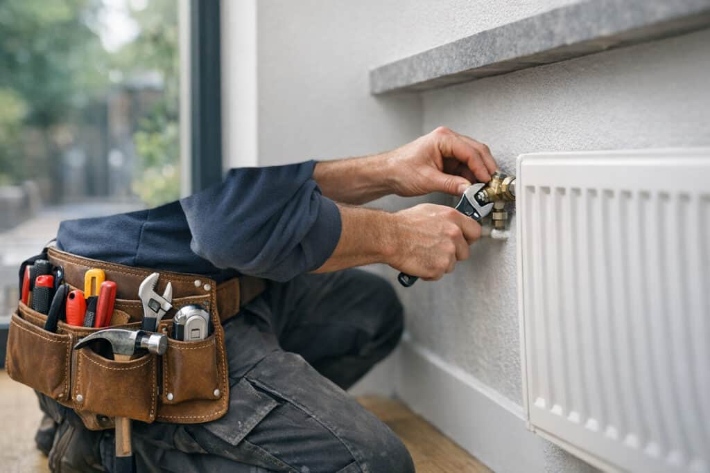 Ervaren vakman gespecialiseerd in woning nivellering aan het werk