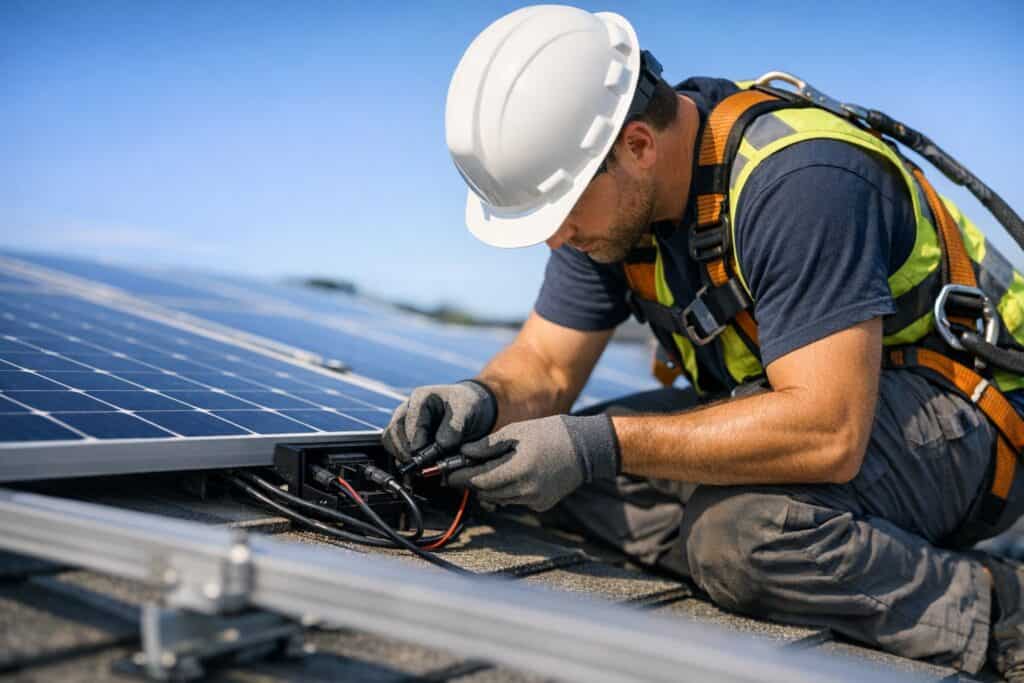 Vakman die zonnepaneel reparatie uitvoert aan een woning