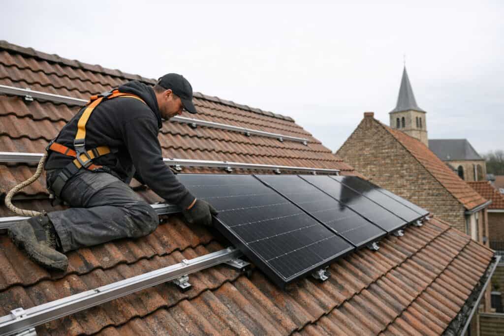Ervaren vakman gespecialiseerd in zonnepanelen aan het werk