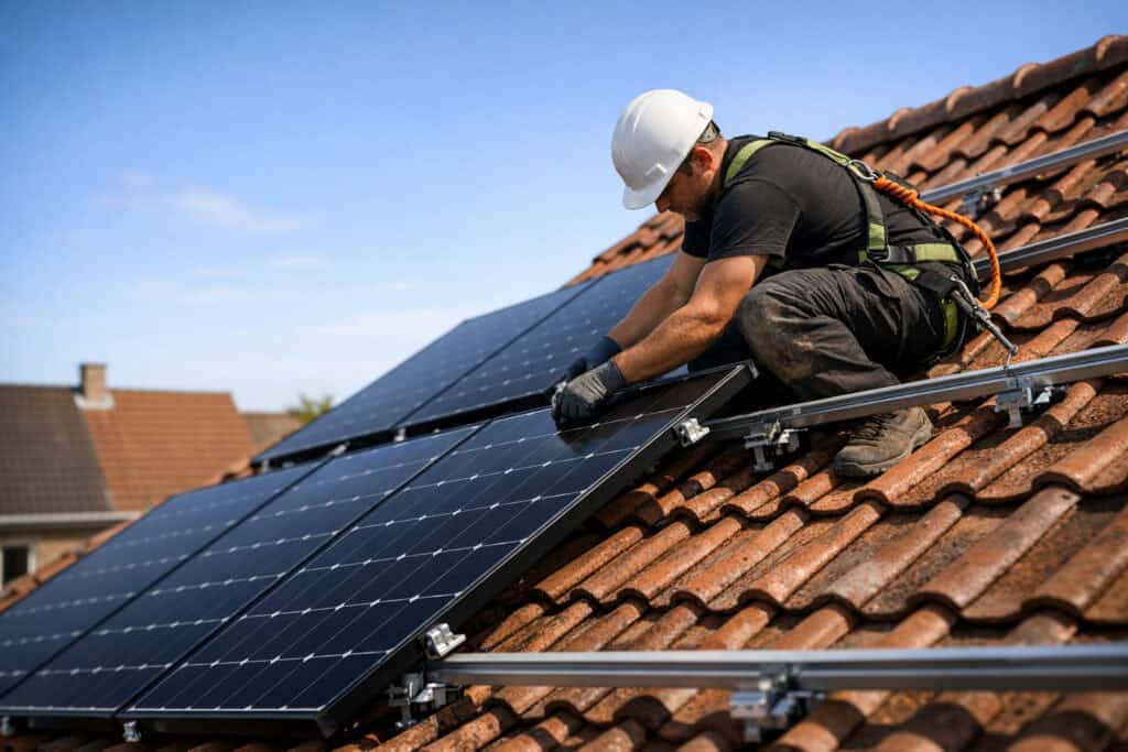 Specialist bezig met zonnepanelen plaatsen in een woning