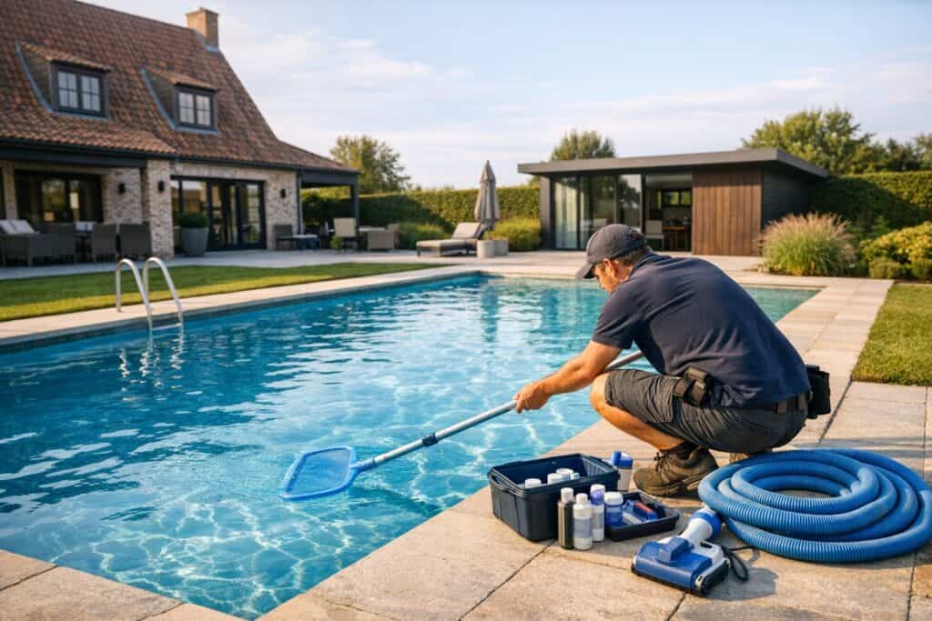 Vakman die advies geeft over zwembad ontwerpers