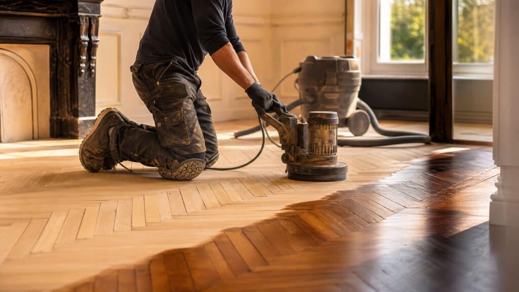 Vakman die houten vloer reparatie uitvoert aan een woning