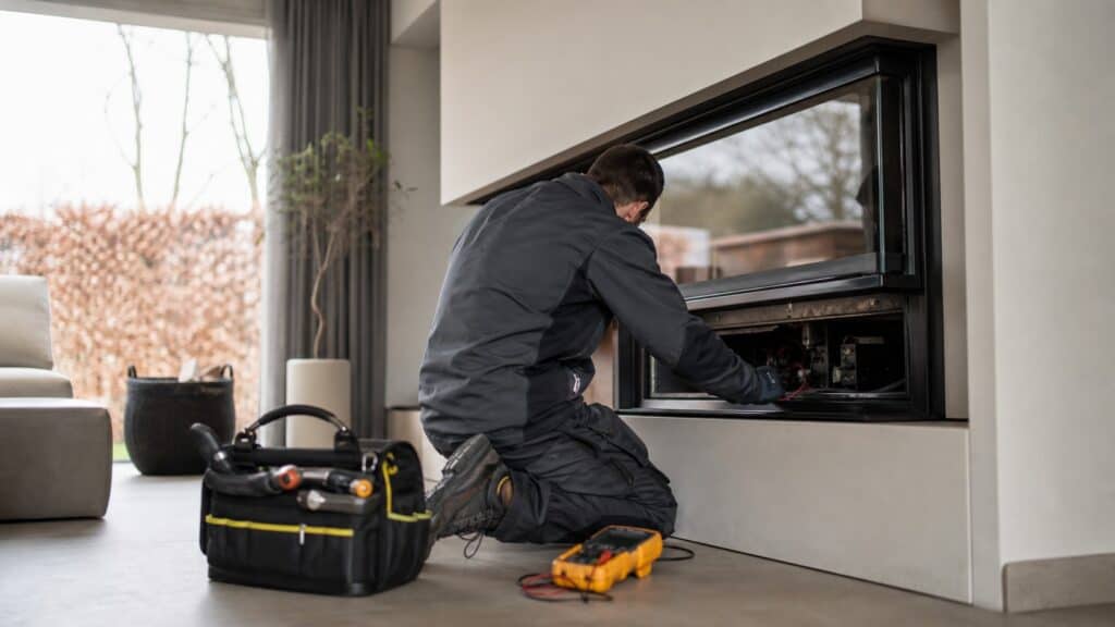 Vakman die houtkachel reparatie uitvoert aan een woning