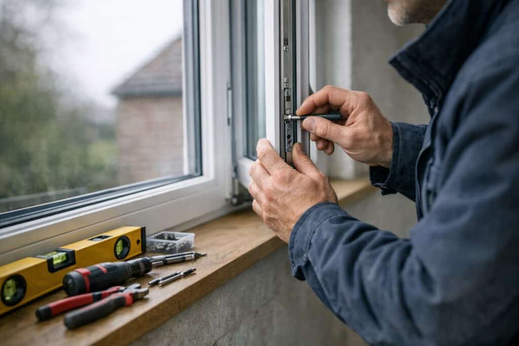 Vakman die raamluik reparatie uitvoert aan een woning