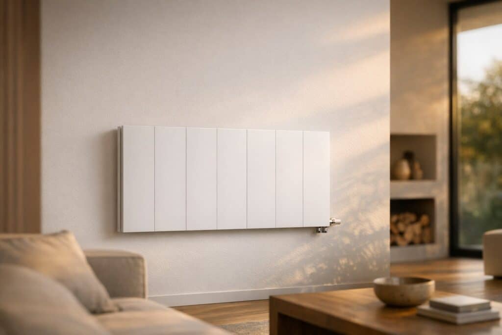 Moderne designradiator in een Belgische woonkamer