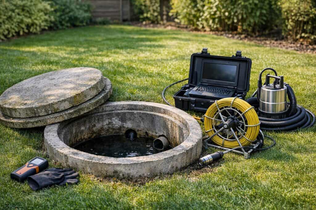 Inspectie van een septische put in een Belgische tuin