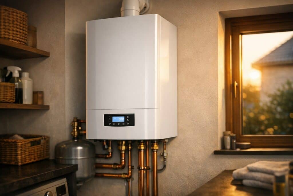 Moderne condensatieketel geïnstalleerd in een Belgische woning
