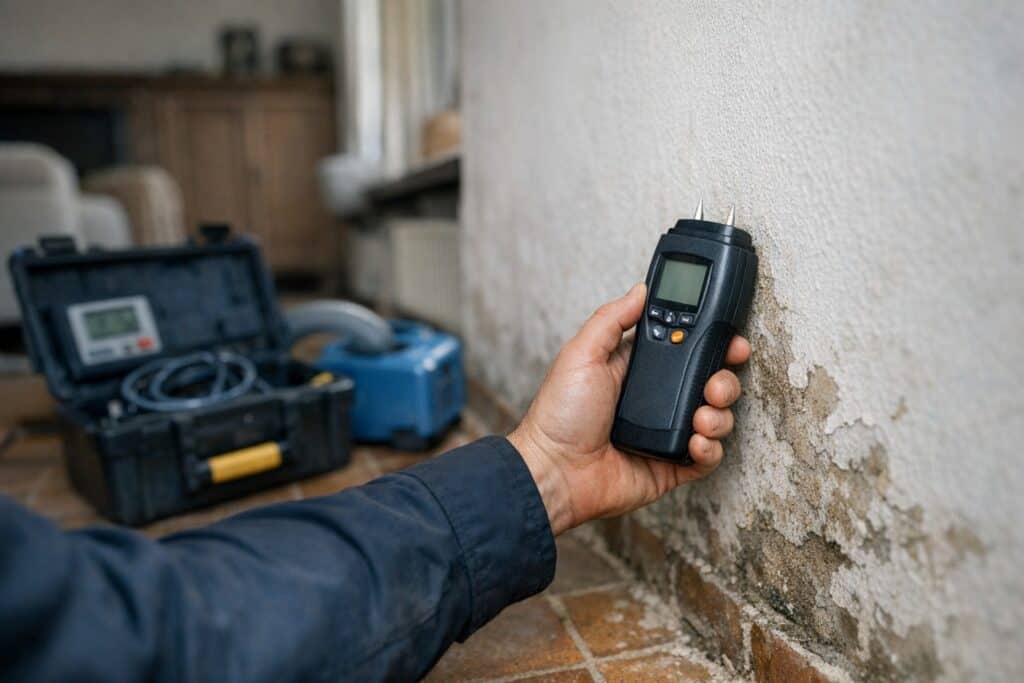 Vochtexpert die met een vochtmeter muren controleert