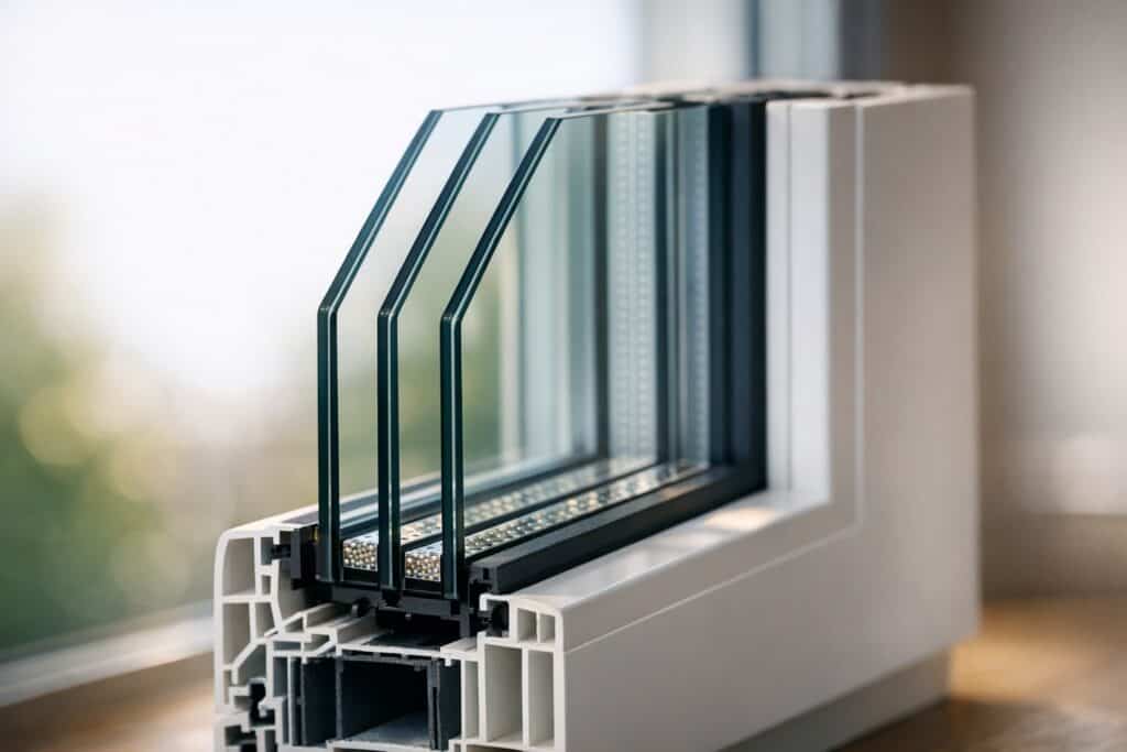 Doorsnede van driedubbel glas met drie glasbladen