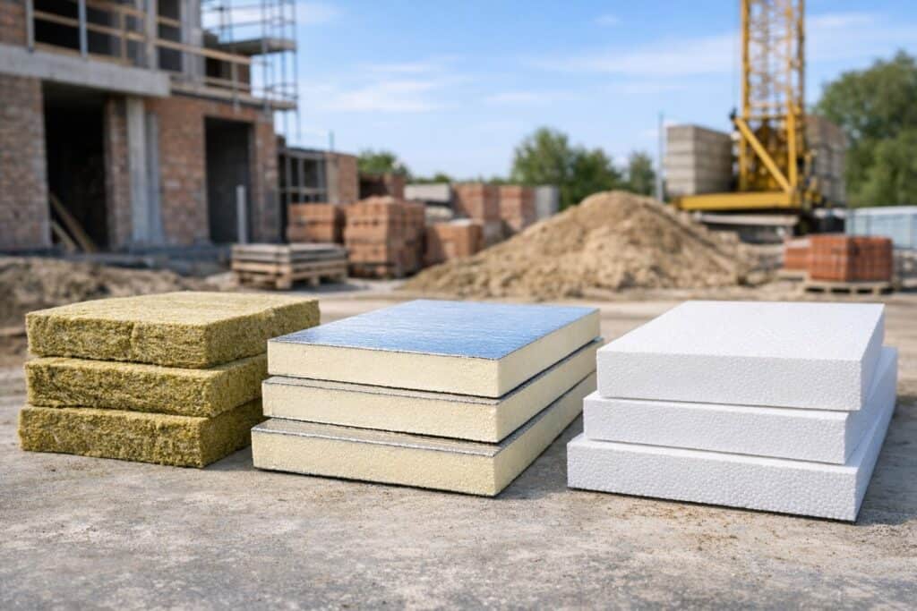 Verschillende isolatiematerialen: minerale wol, PIR en EPS