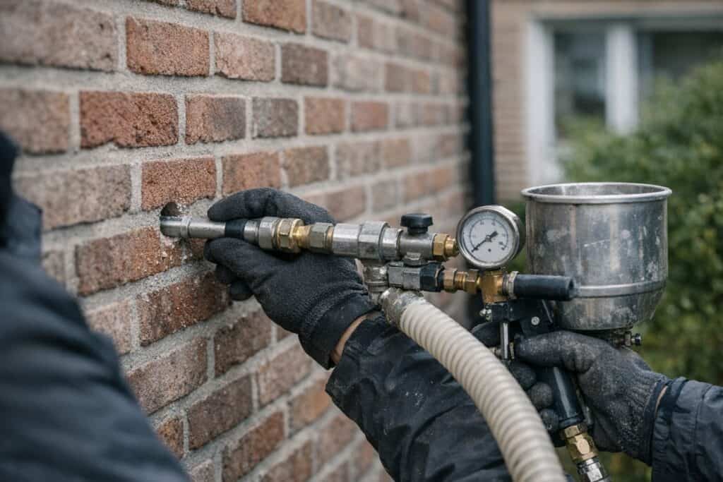 Spouwmuurisolatie wordt ingespoten via boorgaten in een gevel