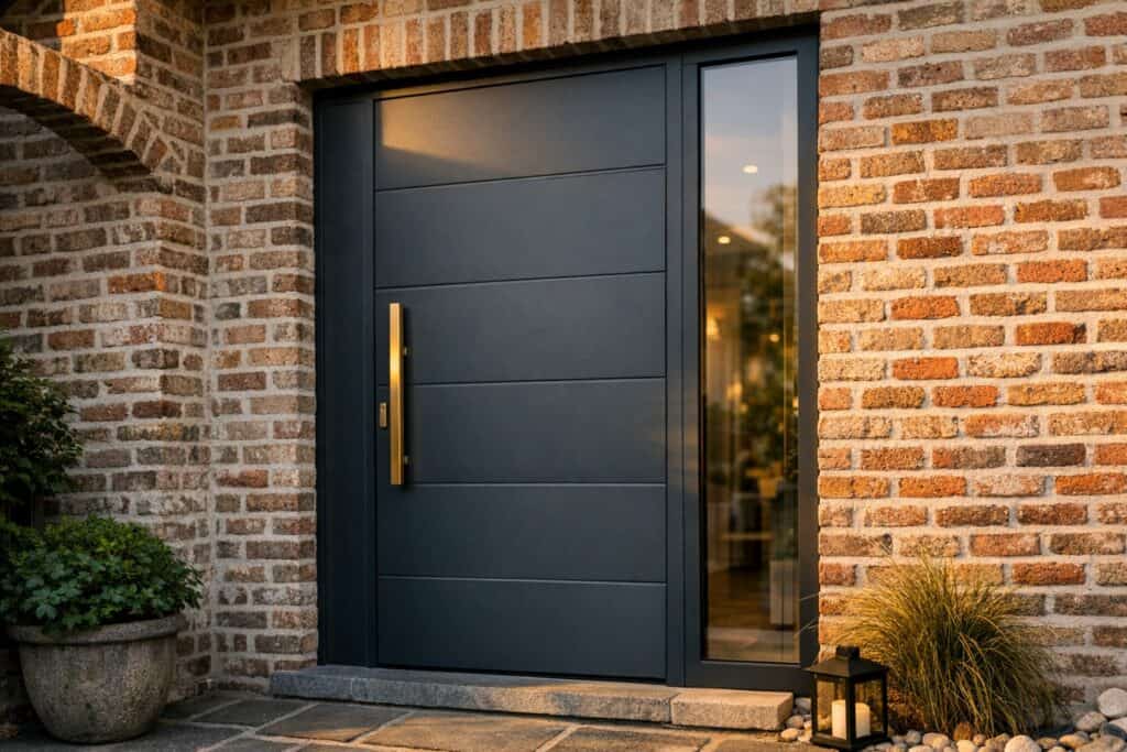 Moderne aluminium voordeur op een Belgische woning