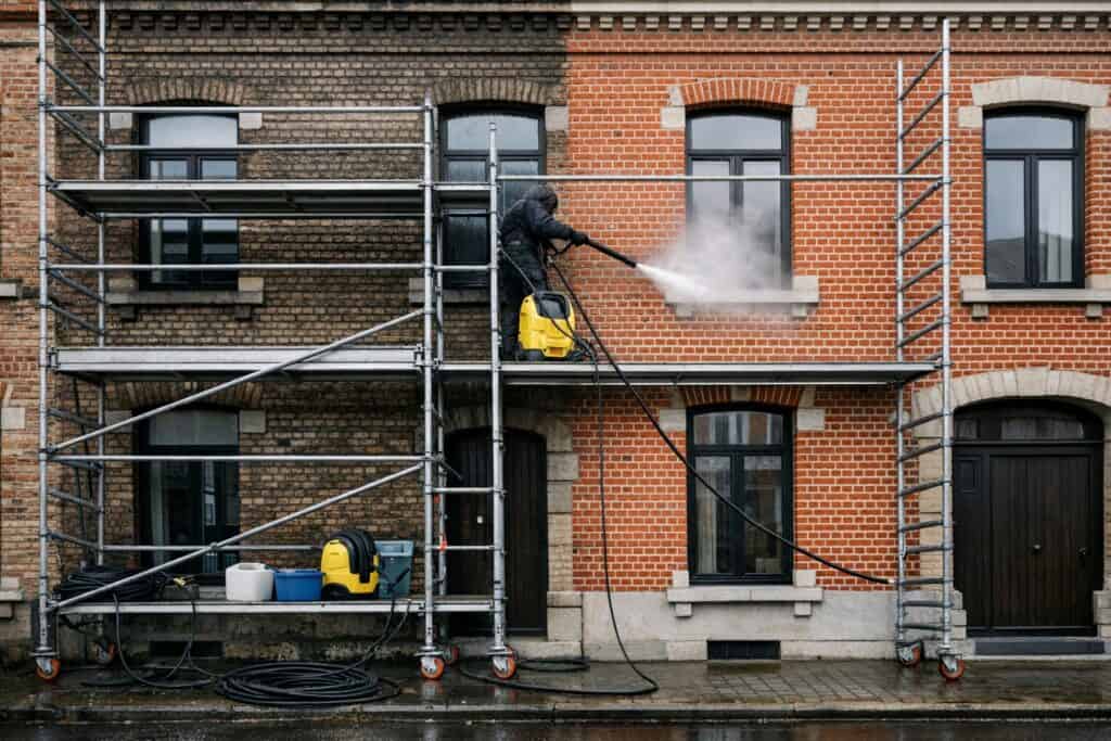 Professionele gevelreiniging van een Belgisch rijhuis