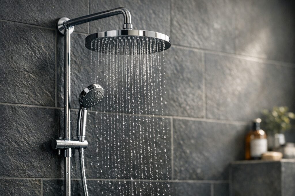 Moderne regendouche in een gerenoveerde Belgische badkamer