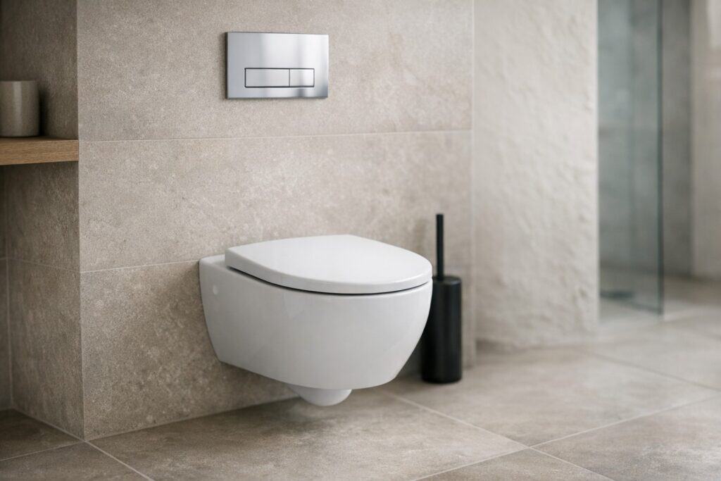 Modern hangtoilet met inbouwreservoir in een Belgische badkamer