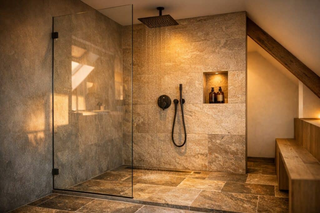 Ruime inloopdouche met glazen wand in een moderne badkamer