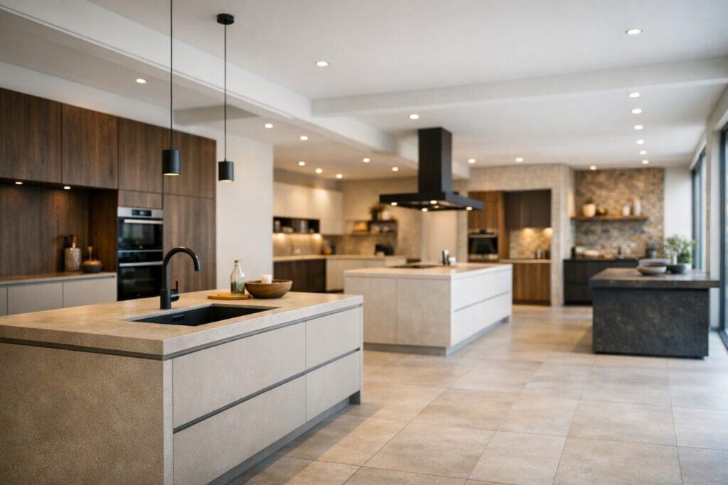 Moderne keukenshowroom met verschillende keukenopstellingen