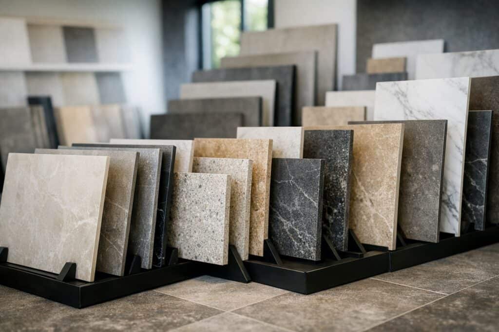 Verschillende vloertegelstalen in een Belgische showroom