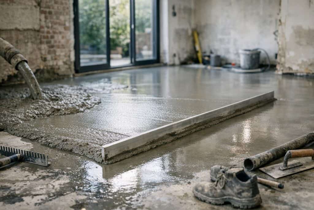 Dekvloer wordt gegoten en uitgevlakt in een Belgische renovatie
