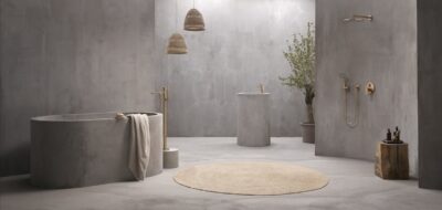 Minimalistische badkamer met ligbad en wastafel