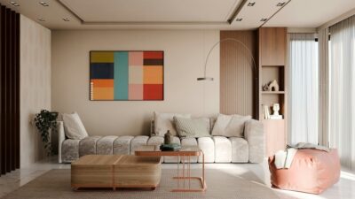 Moderne woonkamer met grote ramen en inbouwkasten