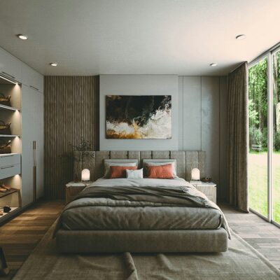 Moderne slaapkamer met inloopkast en groot raam