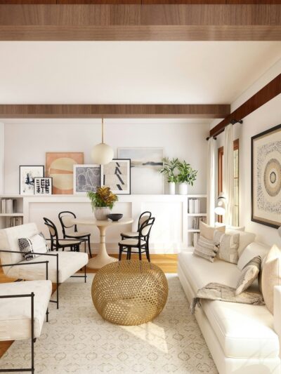 Moderne woonkamer met grote ramen en inbouwkasten