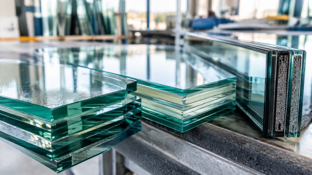 Verschillende glassoorten gestapeld in een glaswerkplaats