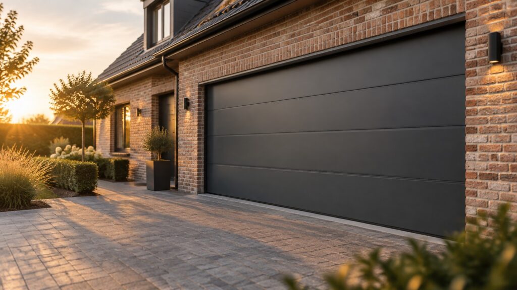 Moderne geïsoleerde sectionaalpoort op een Belgische woning