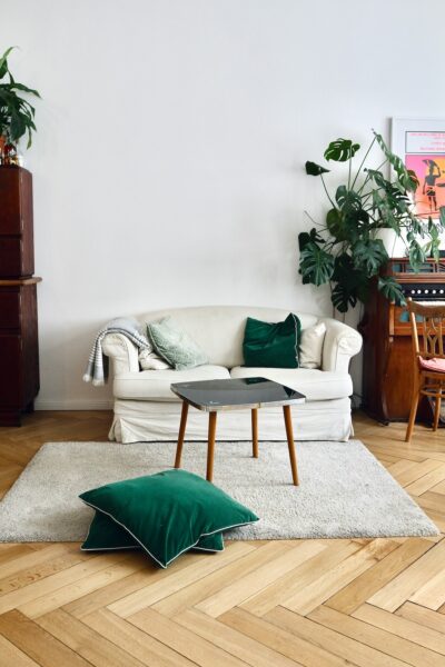 Gezellige woonkamer met houten vloeren en groene accenten