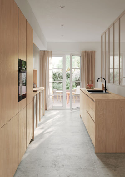 Moderne keuken met natuurlijk houten meubels
