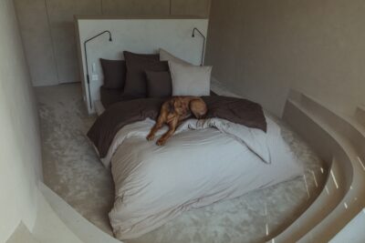 Minimalistische slaapkamer met bruin bedlinnen