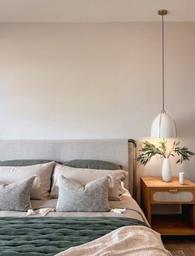 Minimalistische slaapkamer met natuurlijk hoofdbord