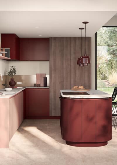 Moderne keuken met een zacht roze afwerking