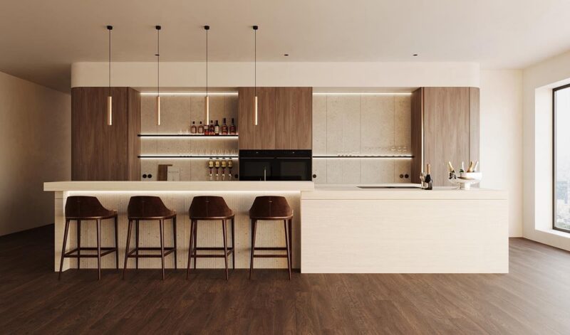 Moderne keuken met notenhouten kasten en kookeiland