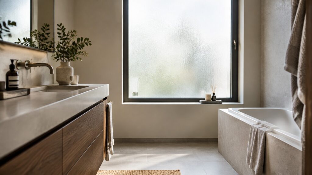 Matglazen raam voor privacy in een Belgische badkamer