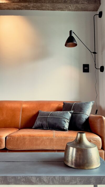 Moderne woonkamer met leren bank en stijlvol licht