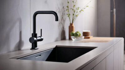Moderne keuken met granieten werkblad, zwarte spoelbak en zwarte keukenkraan