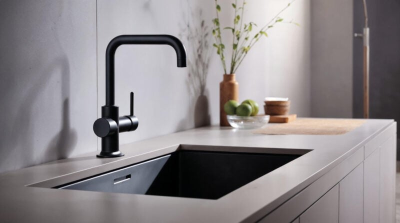 Moderne keuken met granieten werkblad, zwarte spoelbak en zwarte keukenkraan