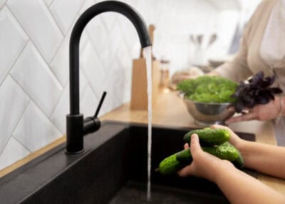 Moderne keuken met zwart stalen kraan en spoelbak